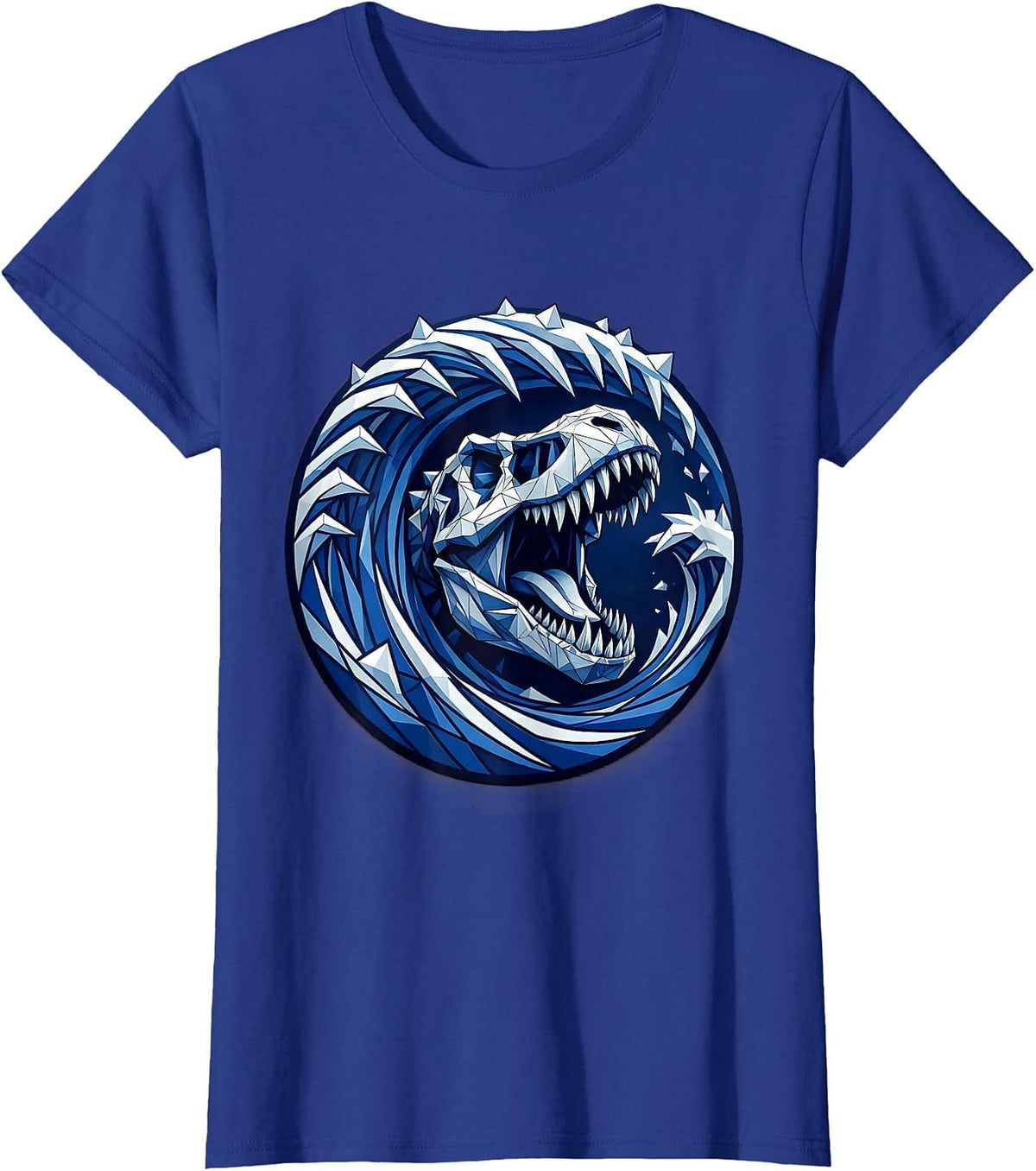 Women's T-Rex Roaring Ocean Wave Dinosaur Graphic T-Shirt - Royal Blue