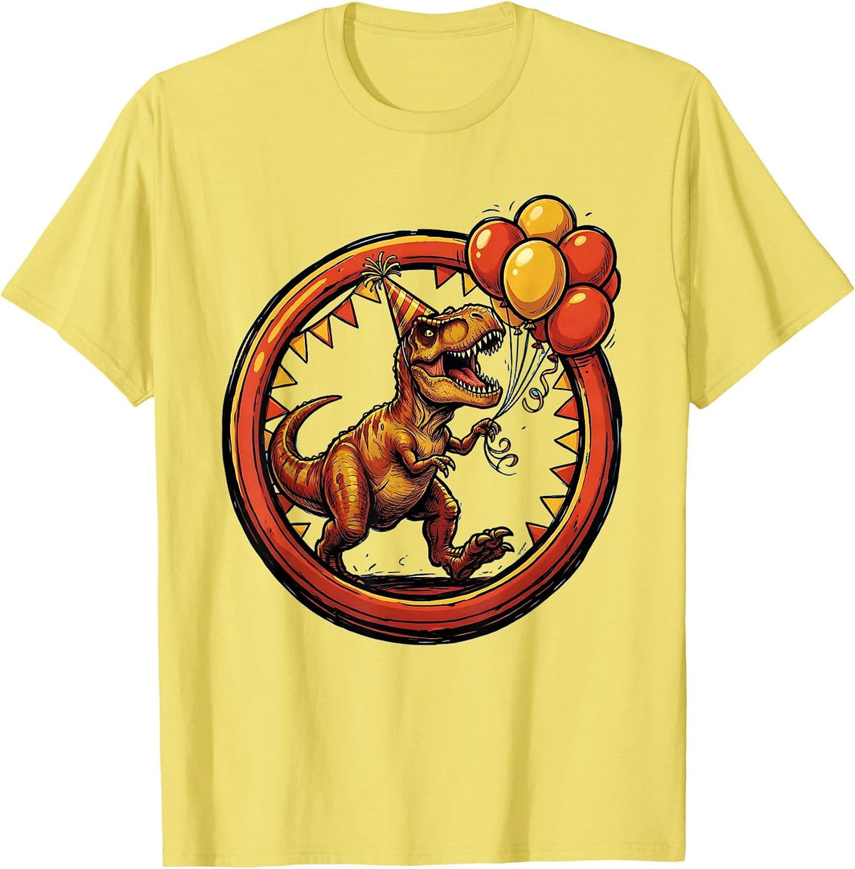 Men's T-Rex Chasing Birthday Balloons Funny Dinosaur T-Shirt - Lemon Yellow