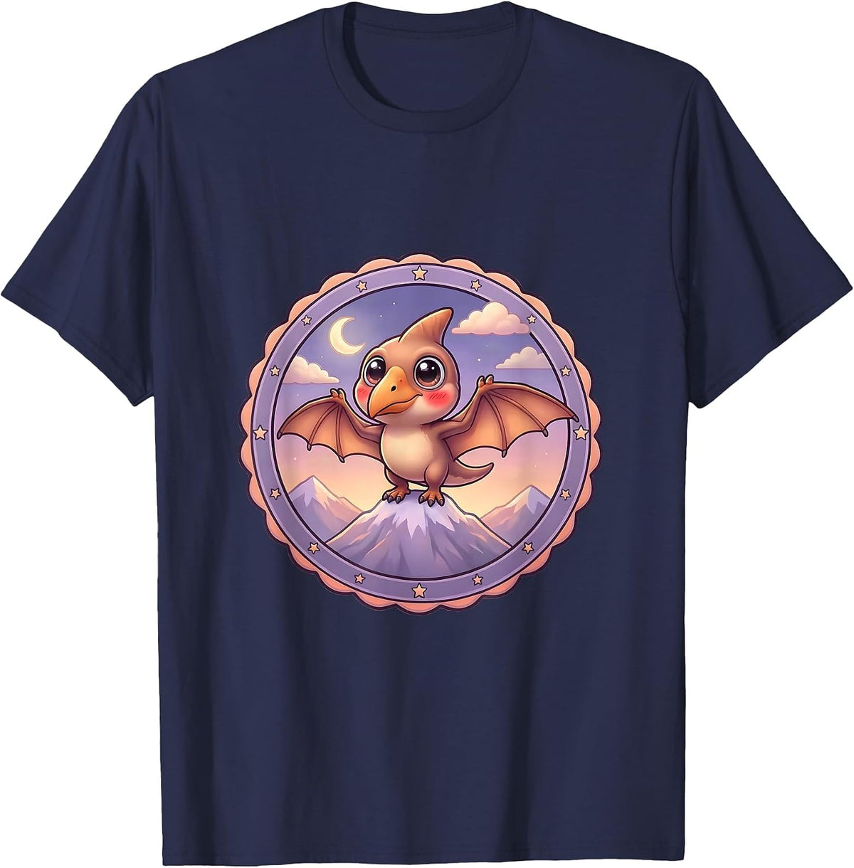 Men's Pterodactyl Mountain Peak Dusk Dinosaur Design T-Shirt - Navy Blue