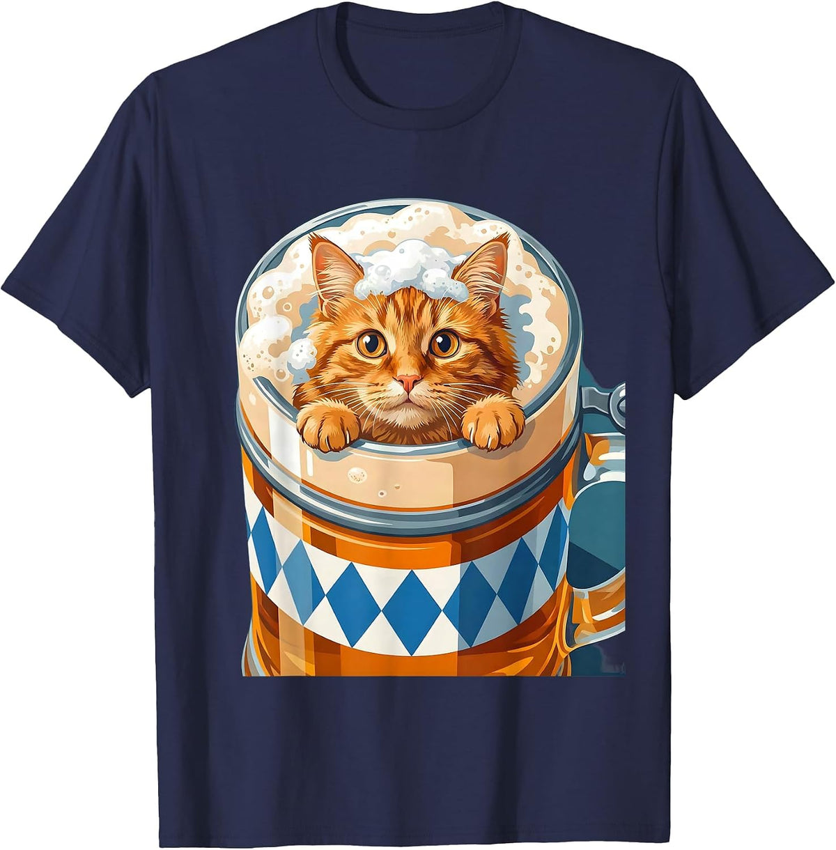 Men's Funny Oktoberfest Cat Peeking Into Beer Stein T-Shirt - Navy Blue