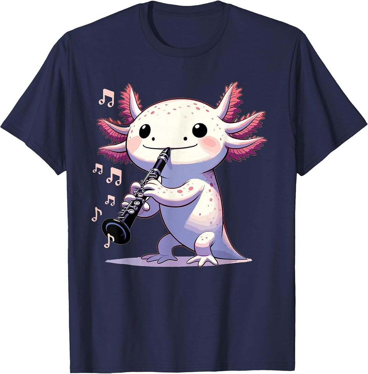 Cute Pink Kawaii Axolotl Playing Clarinet T-Shirt - Navy Blue