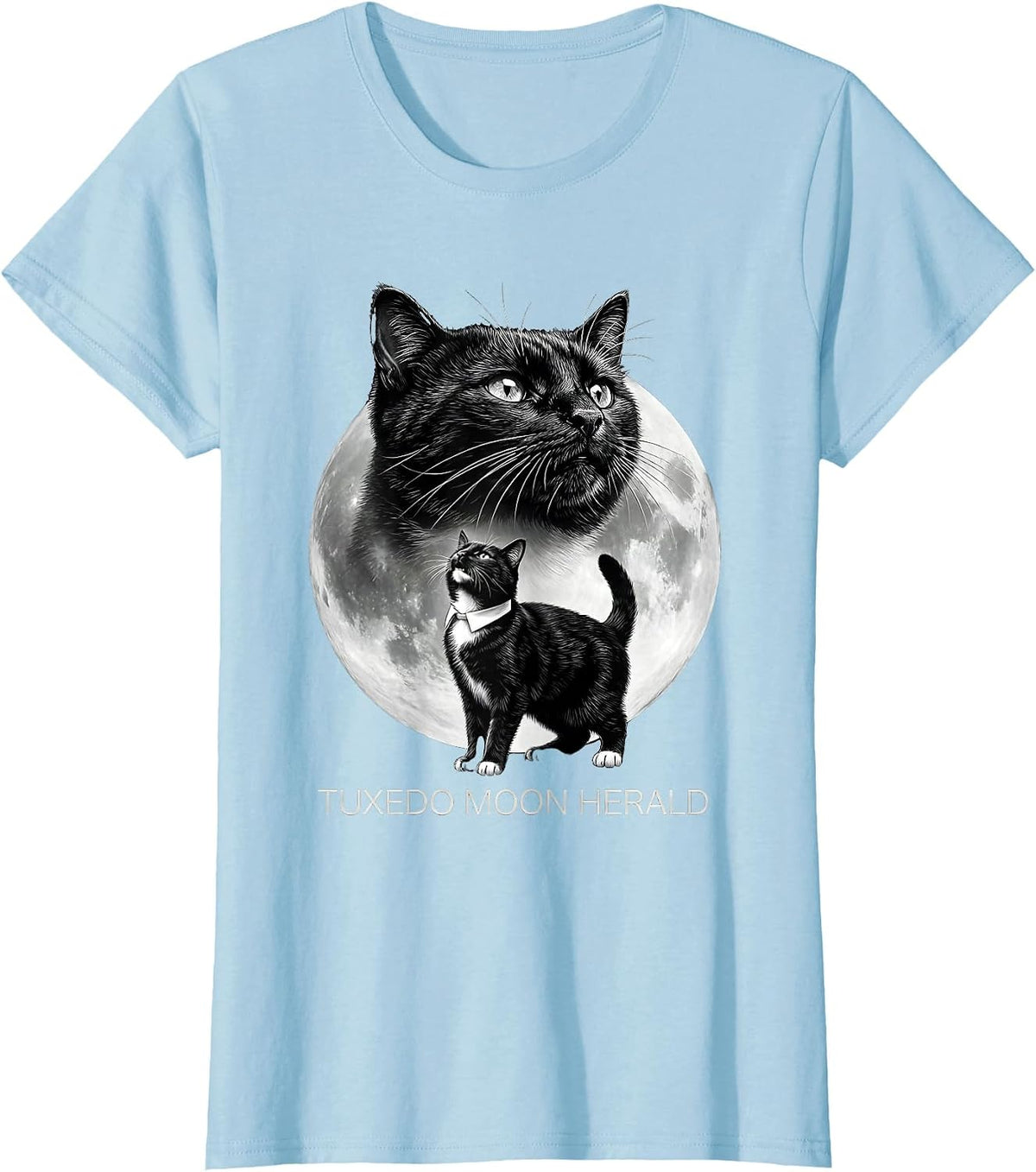 Women's Tuxedo Moon Herald Monochromatic Tuxedo Cat Lover Fantasy T-Shirt - Baby Blue