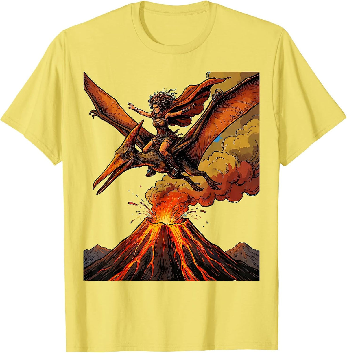 Men's Pterodactyl Soaring Above Volcano Dinosaur Tee T-Shirt - Lemon Yellow