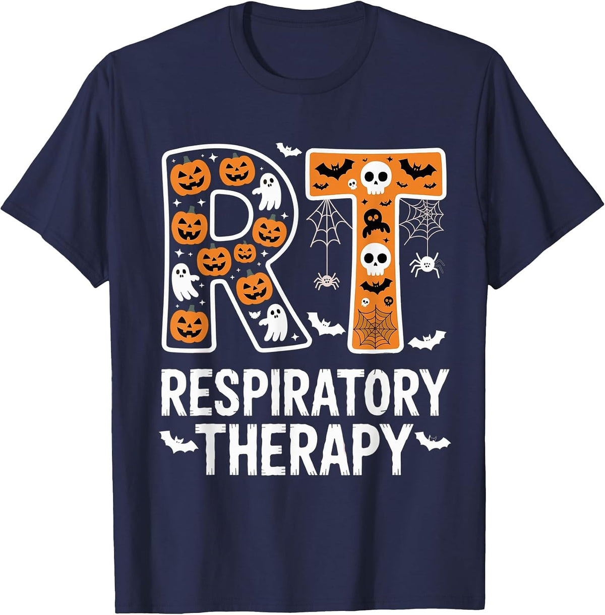 Respiratory Therapist Halloween Ghost Pumpkin RT Nurse T-Shirt - Navy Blue