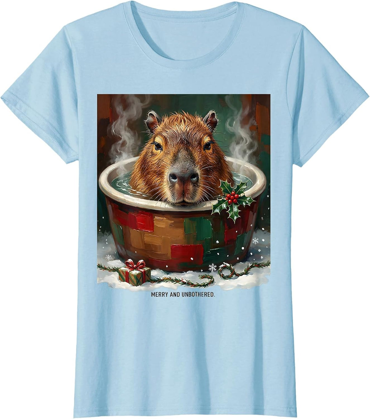 Merry And Unbothered Cute Christmas Capybara Animal Lover T-Shirt - Baby Blue