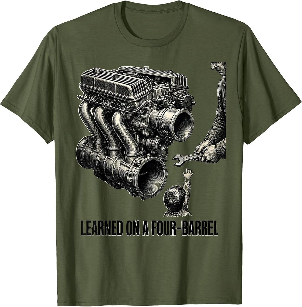 Men's Learned On A Four-Barrel Vintage Retro Muscle Car Drag T-Shirt - Olive Green