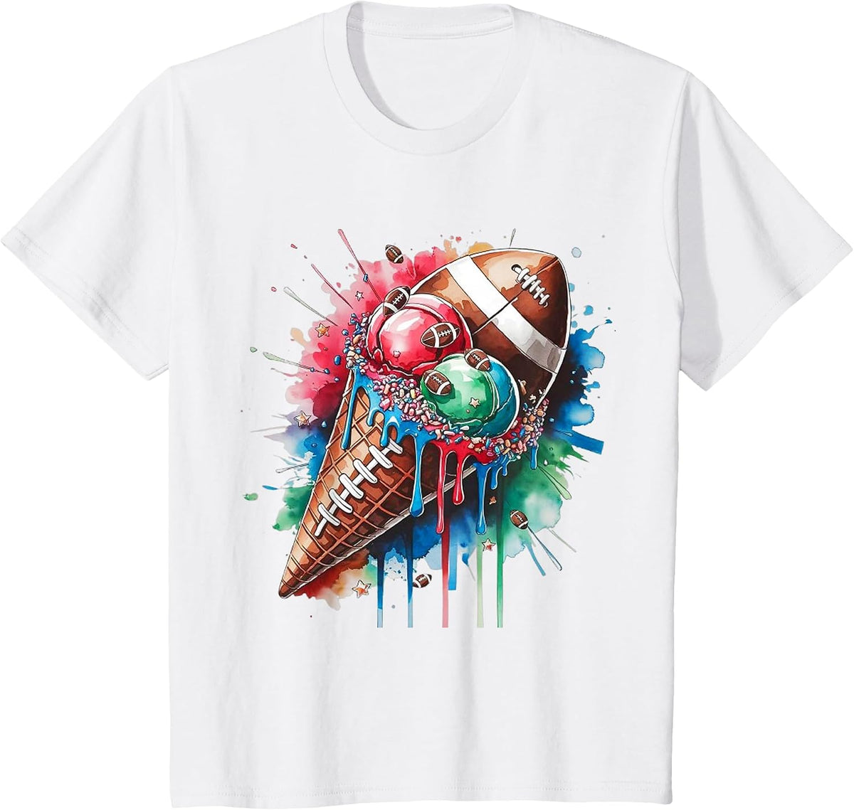 Football Drip Ice Cream Watercolor Cone with Sprinkles T-Shirt - White