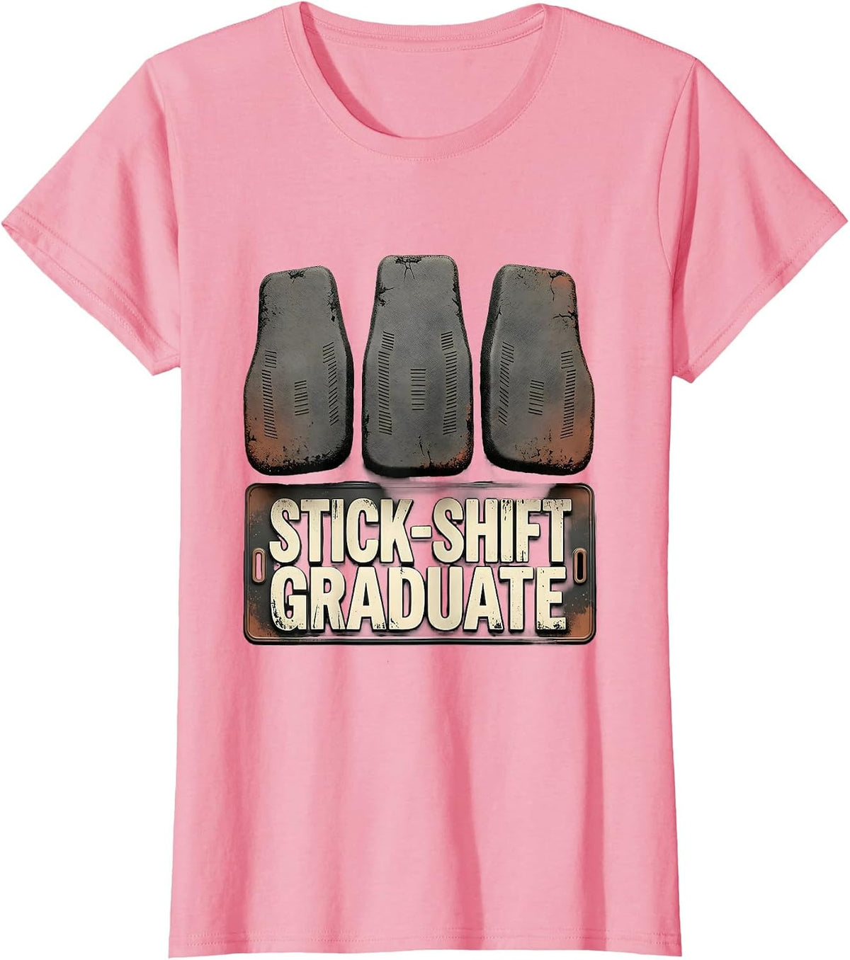 Women's Stick-Shift Graduate Distressed Manual Transmission Car Guy T-Shirt - Pink
