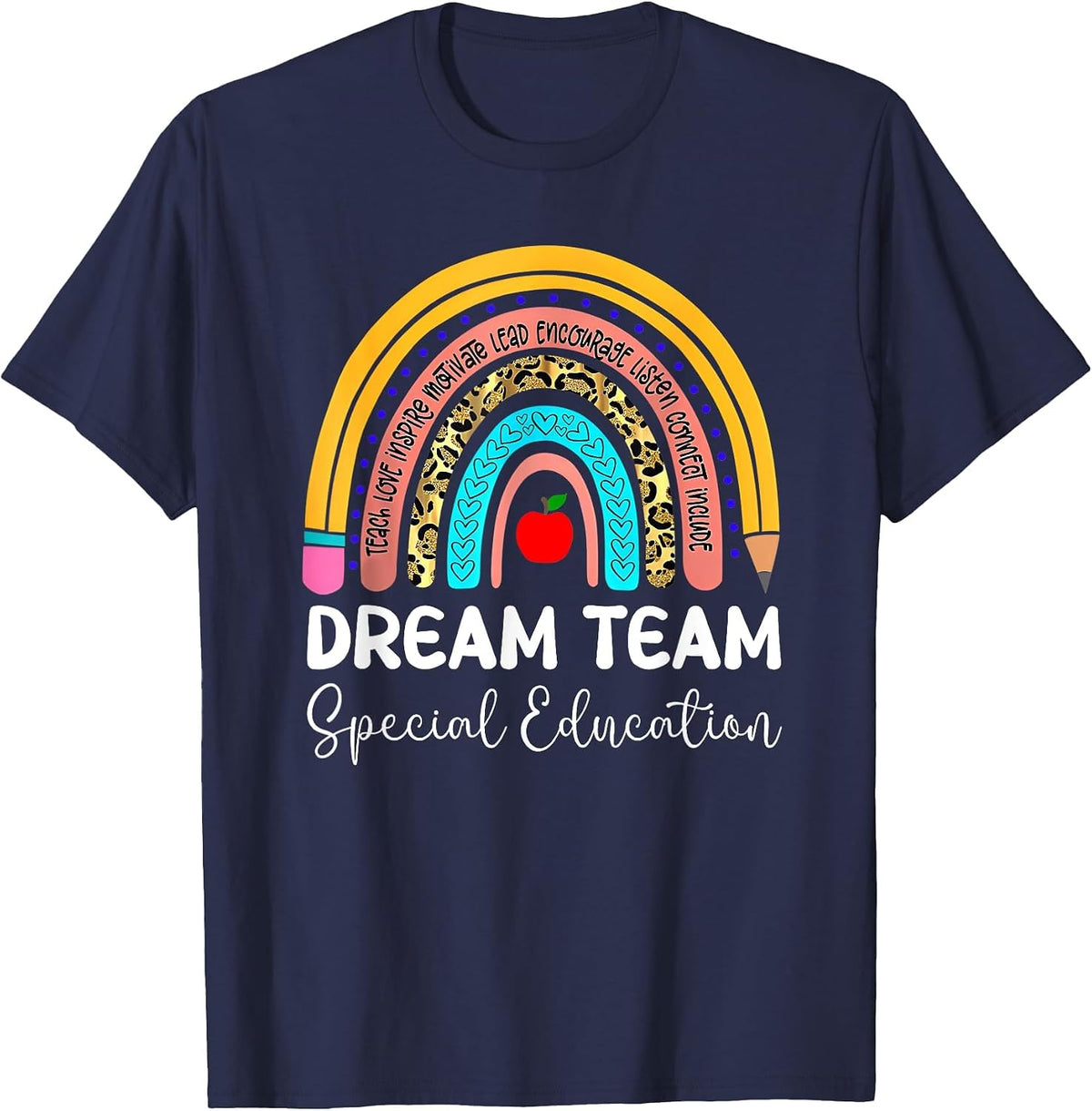 Dream Team Special Education Boho Rainbow Leopard SPED ECSE T-Shirt - Navy Blue