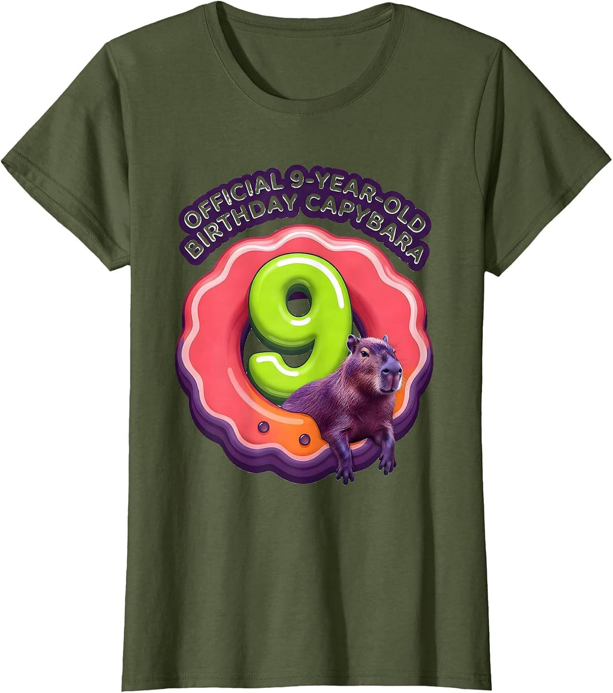 Women's Official 9-Year-Old Birthday Capybara Cute Kids Age Pun T-Shirt - Olive Green