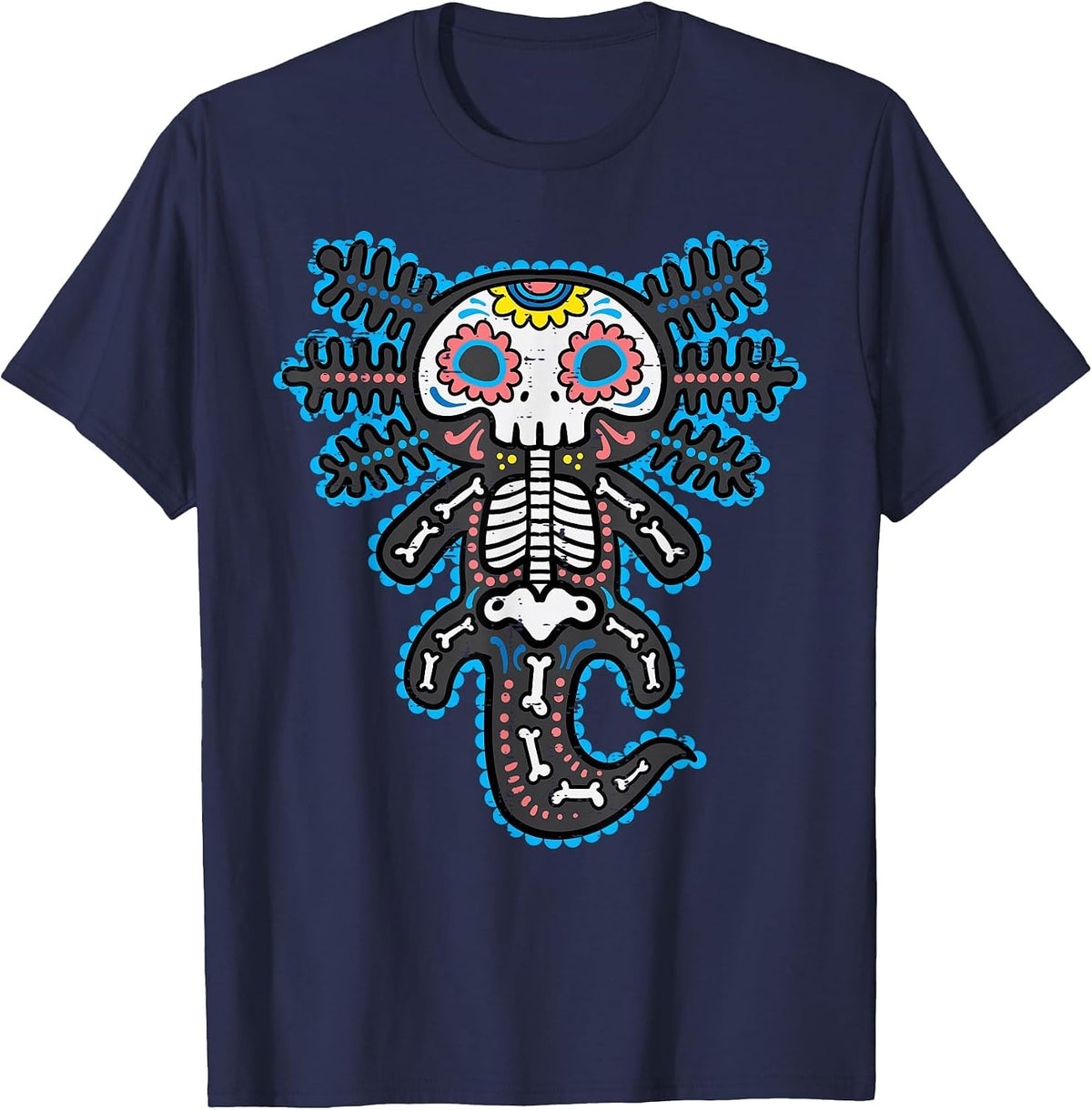 Sugar Skull Axolotl Skeleton Halloween Dia De Los Muertos T-Shirt - Navy Blue