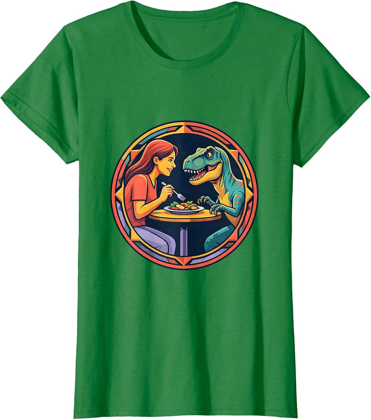Women's Dinosaur Dining Velociraptor Meal Sharing Graphic T-Shirt - Kelly Green