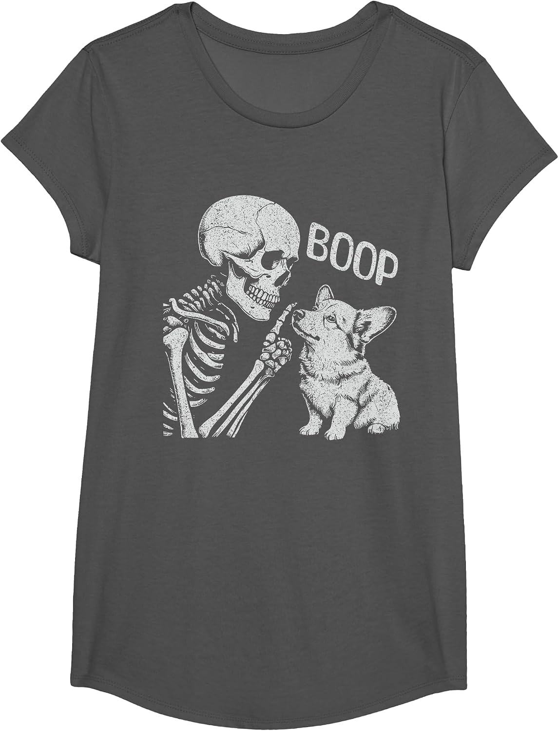 Funny Skeleton Hand Goth Boop Corgi Dog Nose Halloween T-Shirt - Girls Asphalt Grey