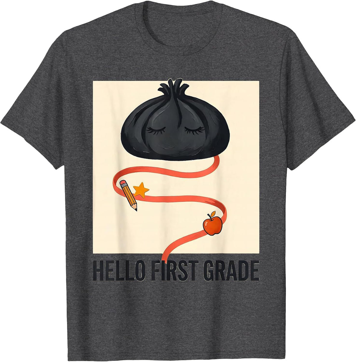 Hello First Grade Back To School Messy Bun Girl Humor T-Shirt - Dark Heather Grey