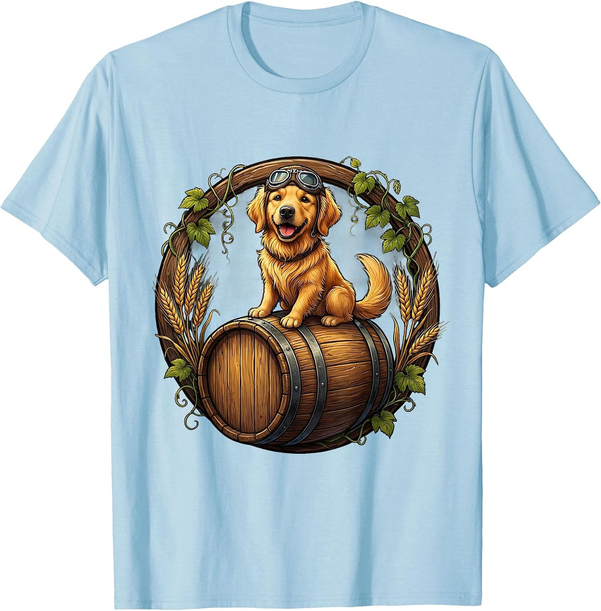 Men's Dog Riding Beer Barrel With Goggles Funny Art T-Shirt - Baby Blue
