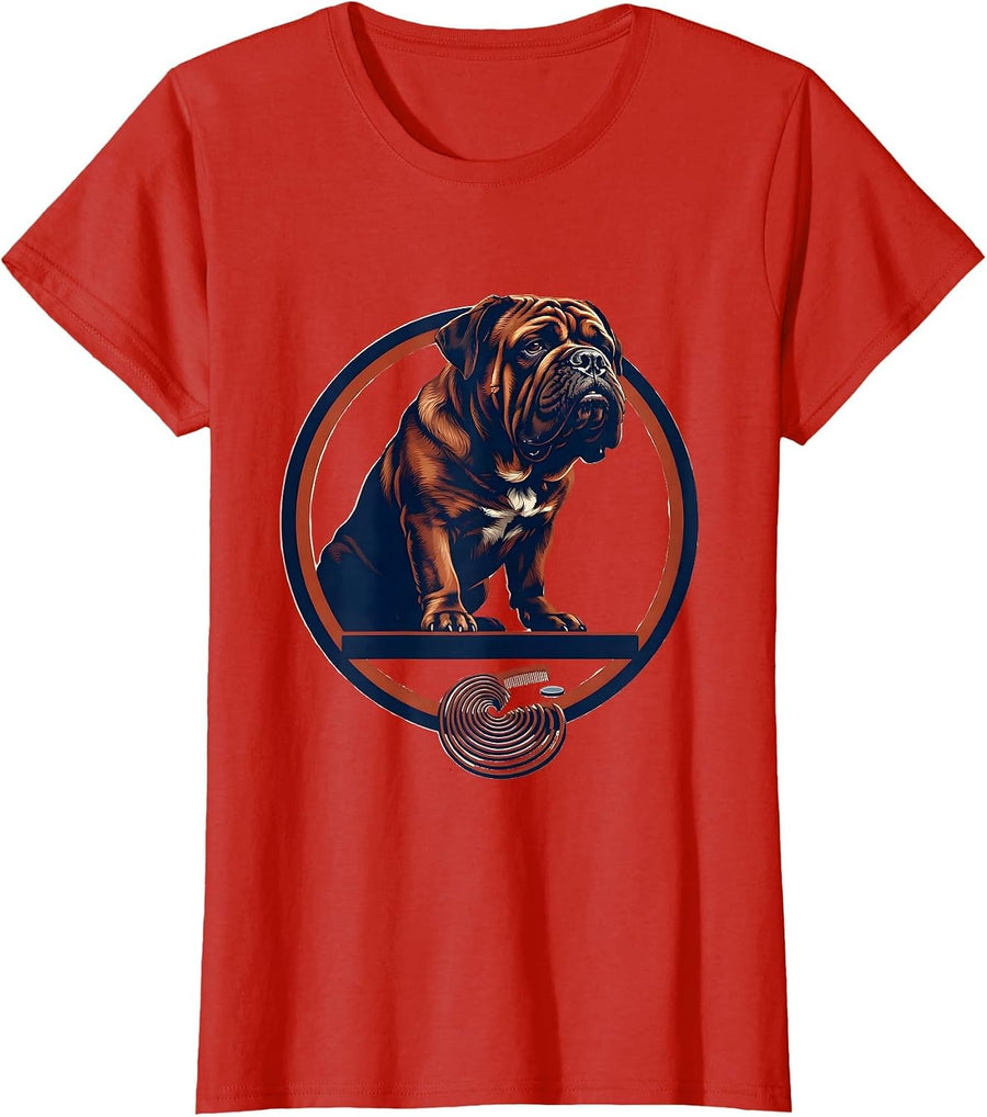 Women's Dogue de Bordeaux Japanese Kanagawa Wave Surfing Dog T-Shirt - Red