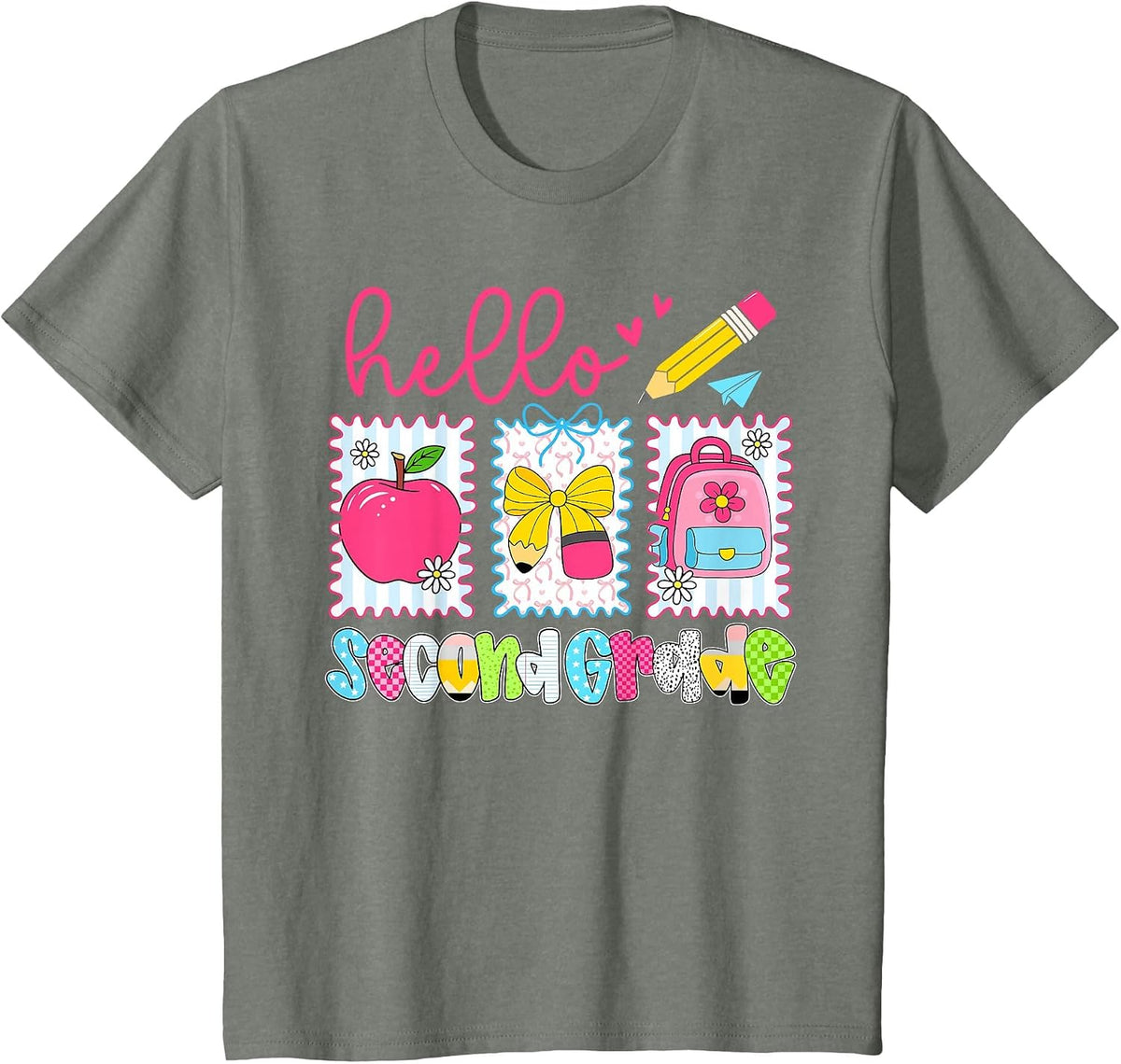 Preppy Hello Second Grade Team Back to School Teachers Kids T-Shirt, Youth, Olive Heather, 3T - As Pictured