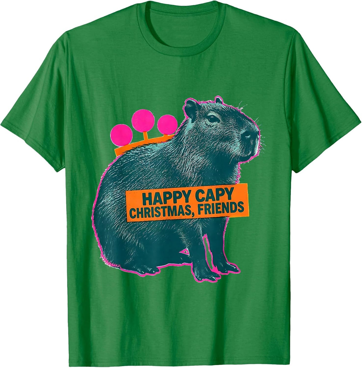 Men's Happy Capy Christmas, Friends Risograph Capybara Lover T-Shirt - Kelly Green