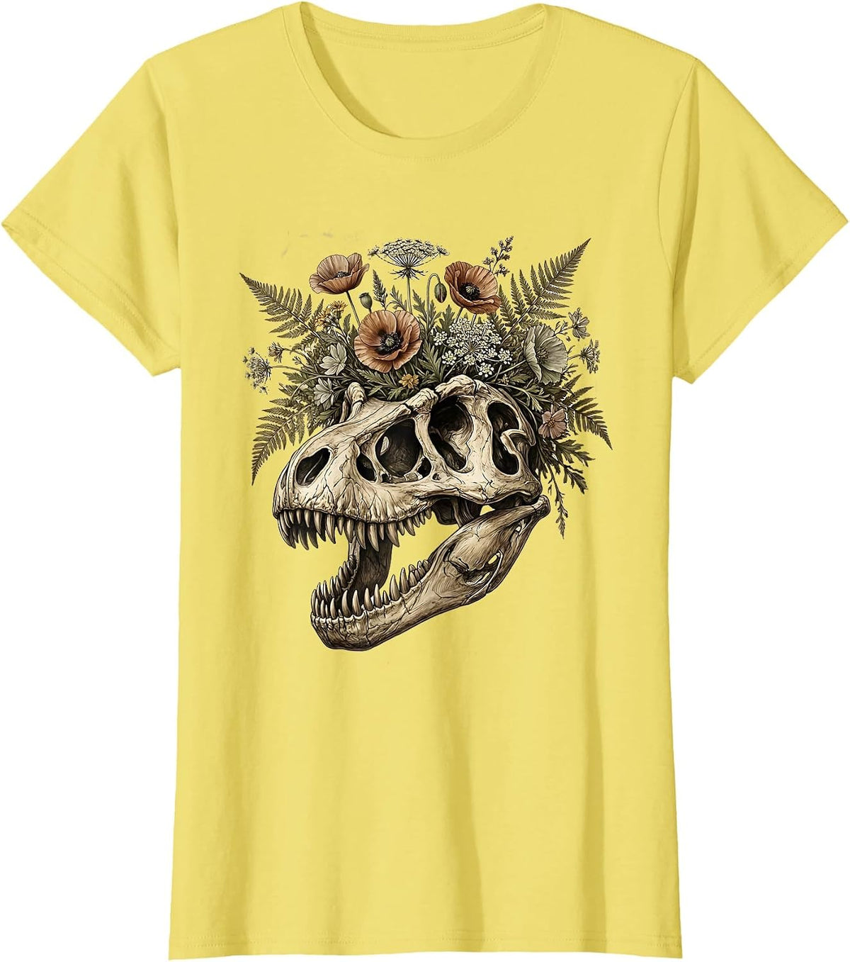 T-Rex Skull Floral Crown Dinosaur Art T-Shirt - Lemon Yellow