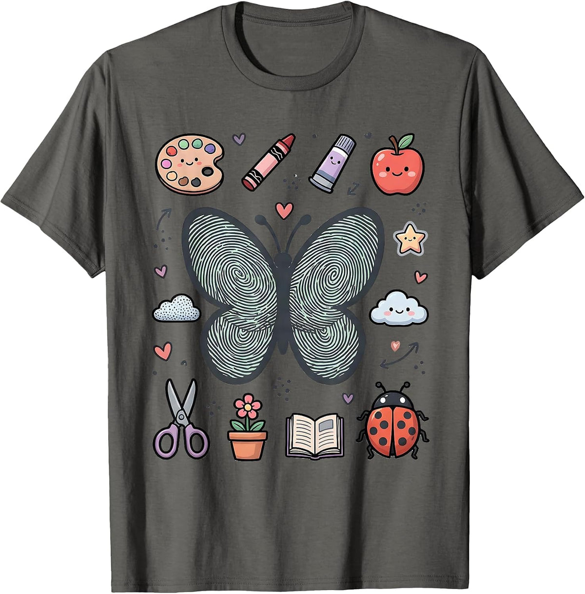 Fingerprint Butterfly Preschool Teacher Gift T-Shirt - Asphalt Grey
