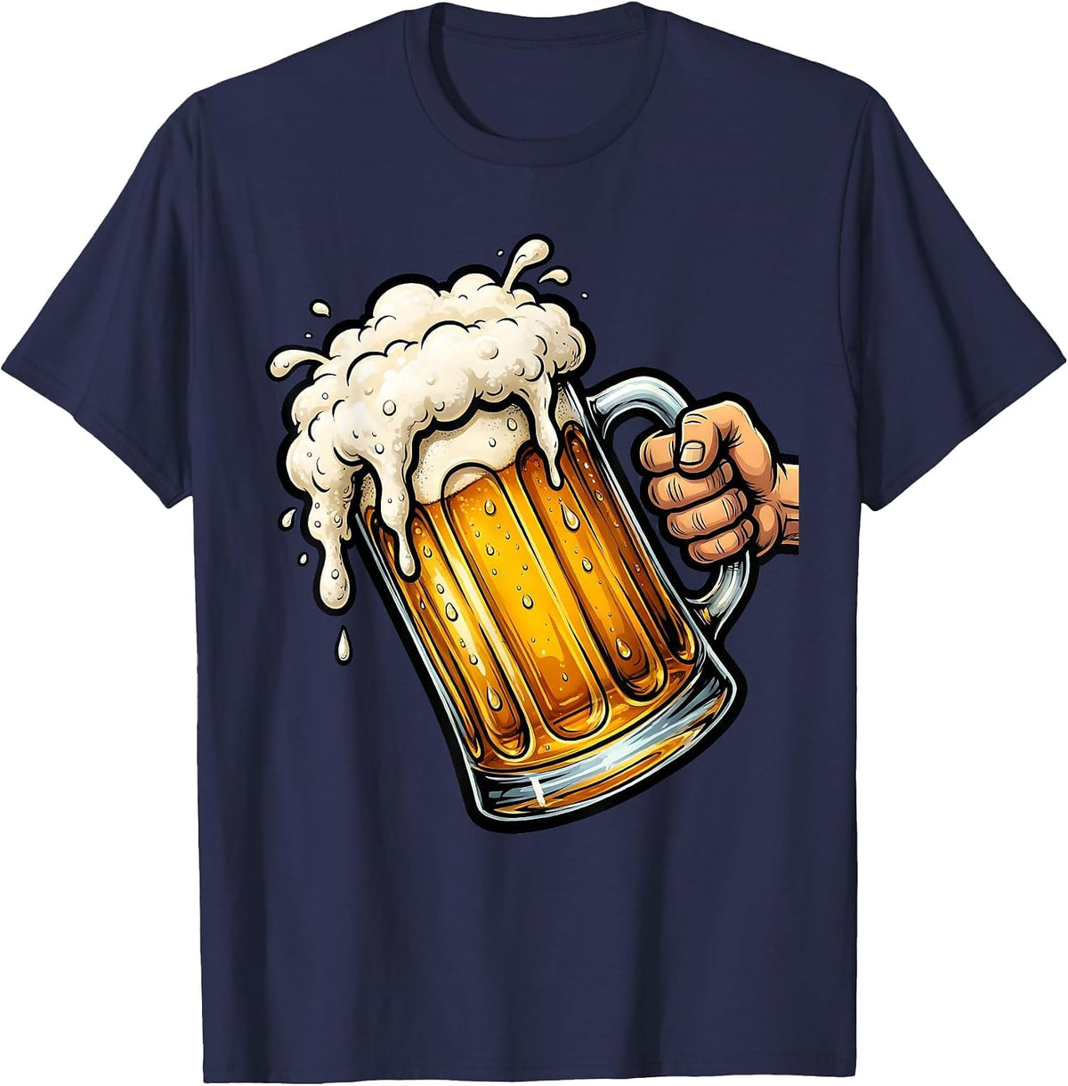 Cold Beer Mug Overflowing Foam Graphic Design T-Shirt - Navy Blue