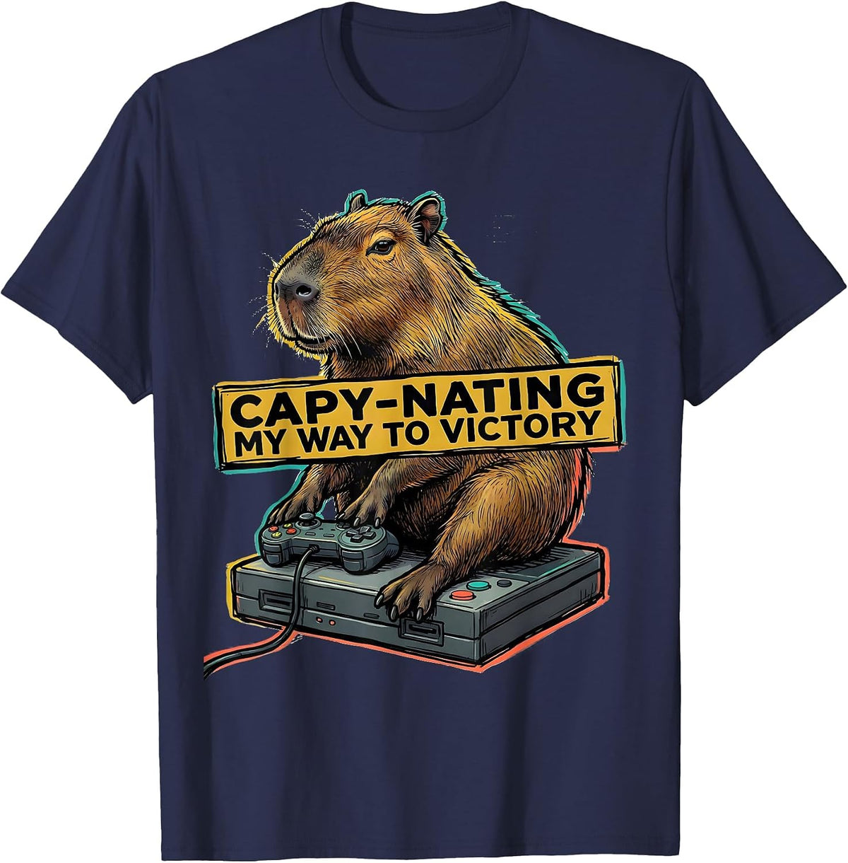 Capy-Nating My Way To Victory Funny Capybara Gamer Humor T-Shirt - Navy Blue