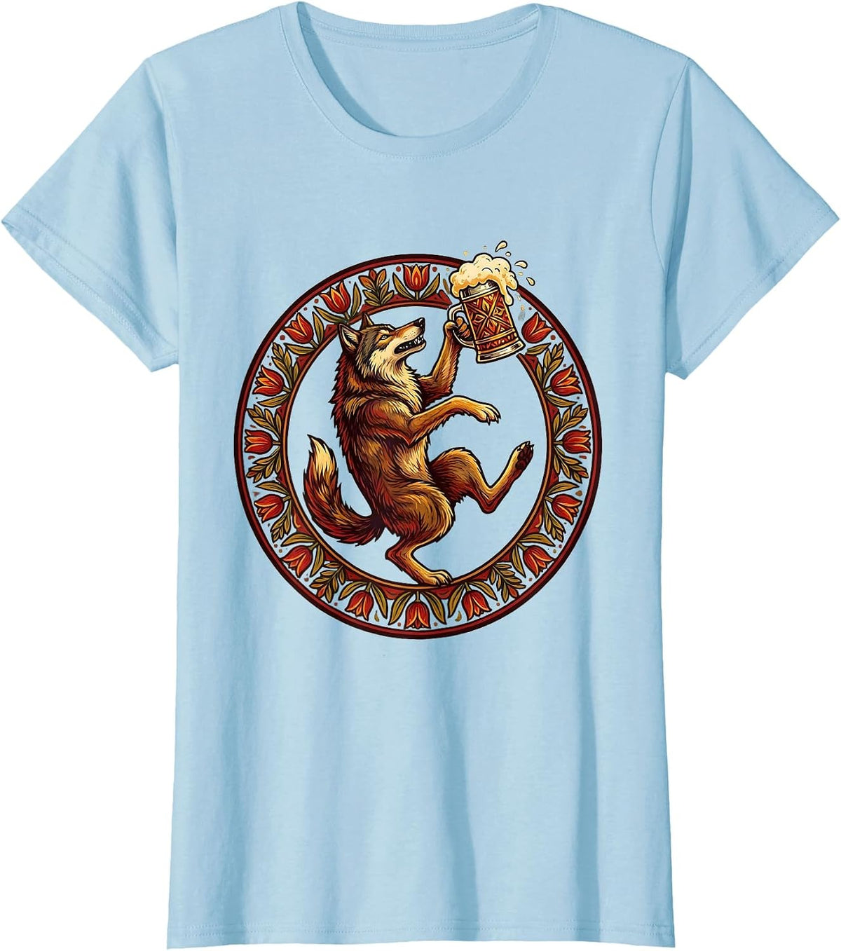 Wolf Howling with Beer Stein Prost Graphic T-Shirt - Baby Blue