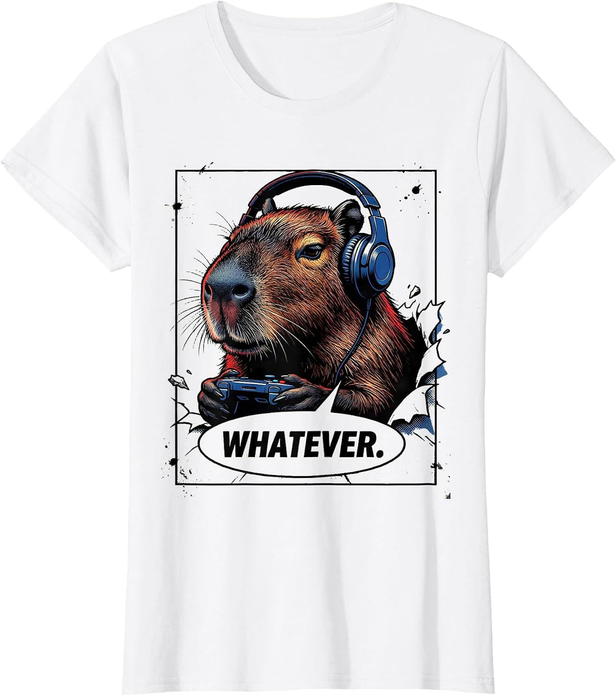 Women's WHATEVER Comic Book Capybara Gamer Meme Humor T-Shirt - White