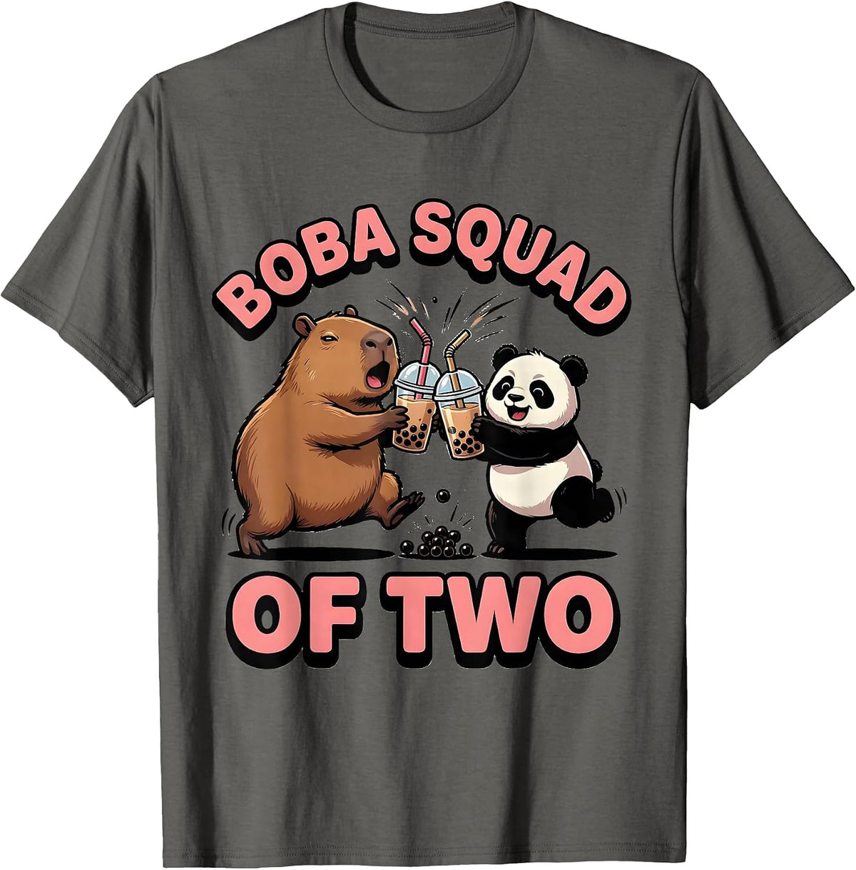 Boba Squad Of Two Cute Kawaii Capybara Panda Boba Tea Anime T-Shirt - Asphalt Grey