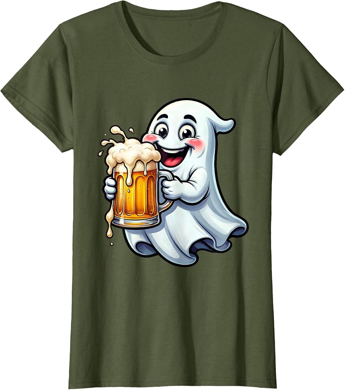 Women's Friendly Ghost Overflowing Beer Mug Illustration T-Shirt - Olive Green