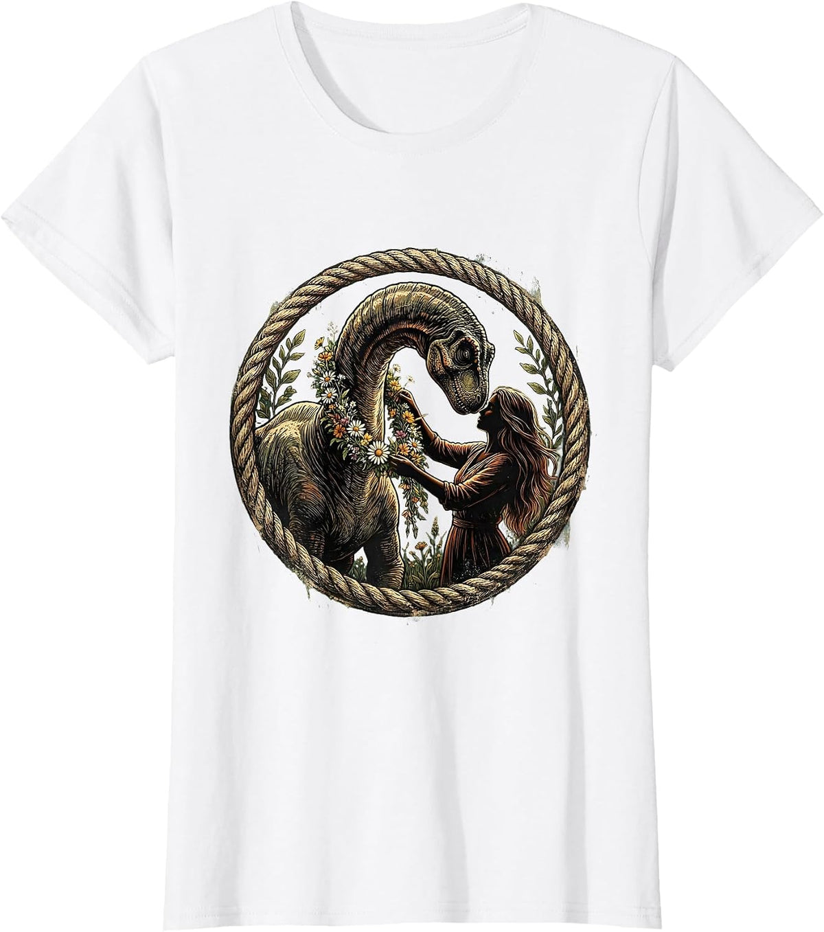 Women's Brachiosaurus Flower Braid Dinosaur Illustration T-Shirt - White