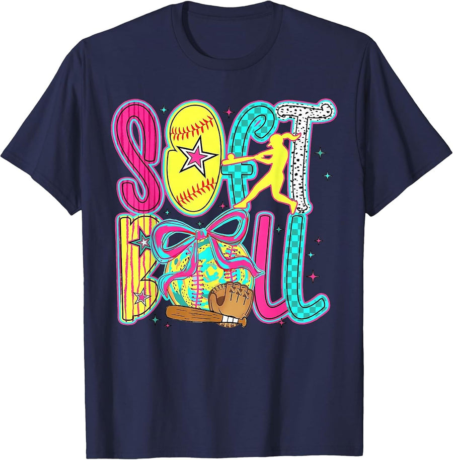 Softball Coquette Bow Game Day Softball Vibes Women Girls T-Shirt - Navy Blue