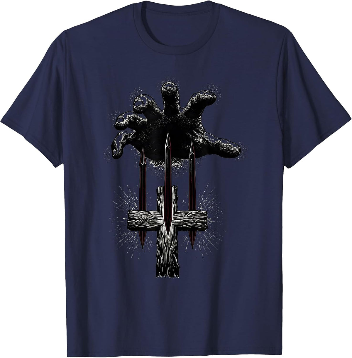 Three Nails Cross Christian Faith Graphic T-Shirt - Navy Blue