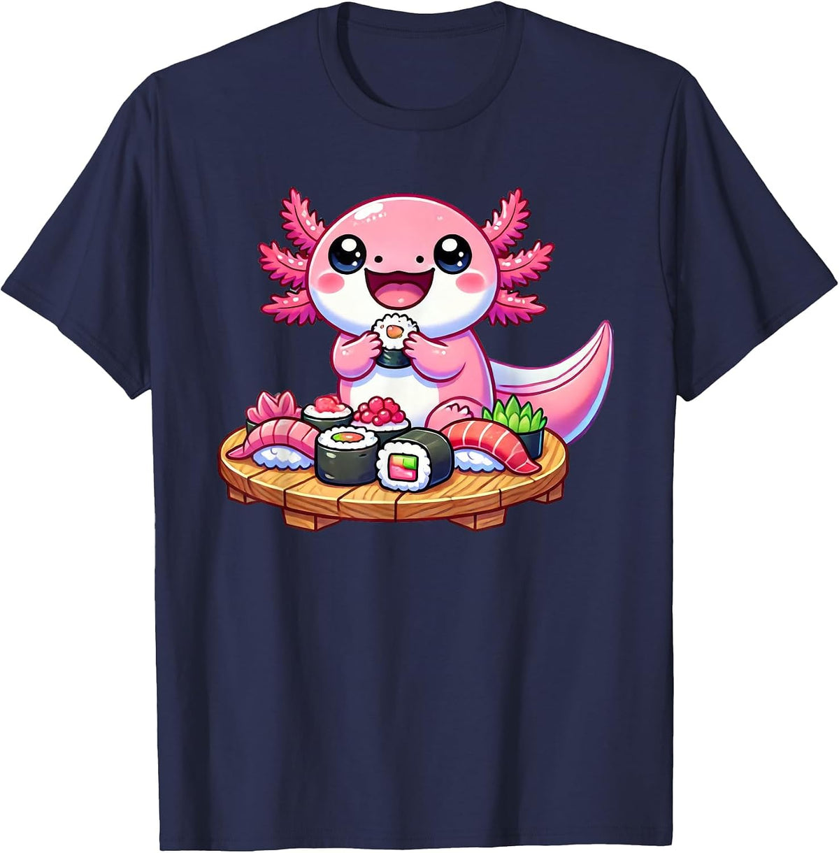 Kawaii Axolotl Eating Sushi T-Shirt - Navy Blue