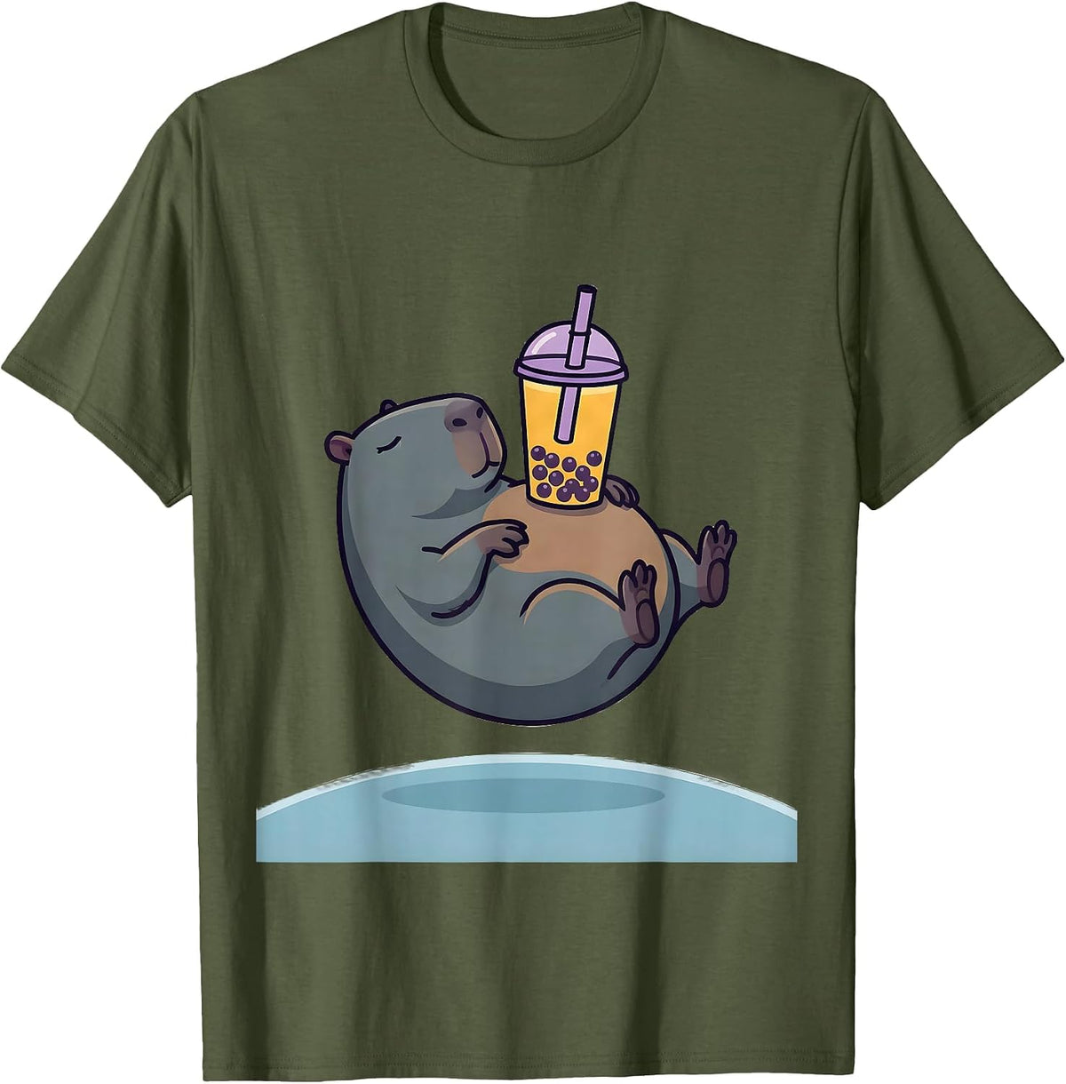Cute Capybara Boba Tea Kawaii Anime Humor T-Shirt - Olive Green