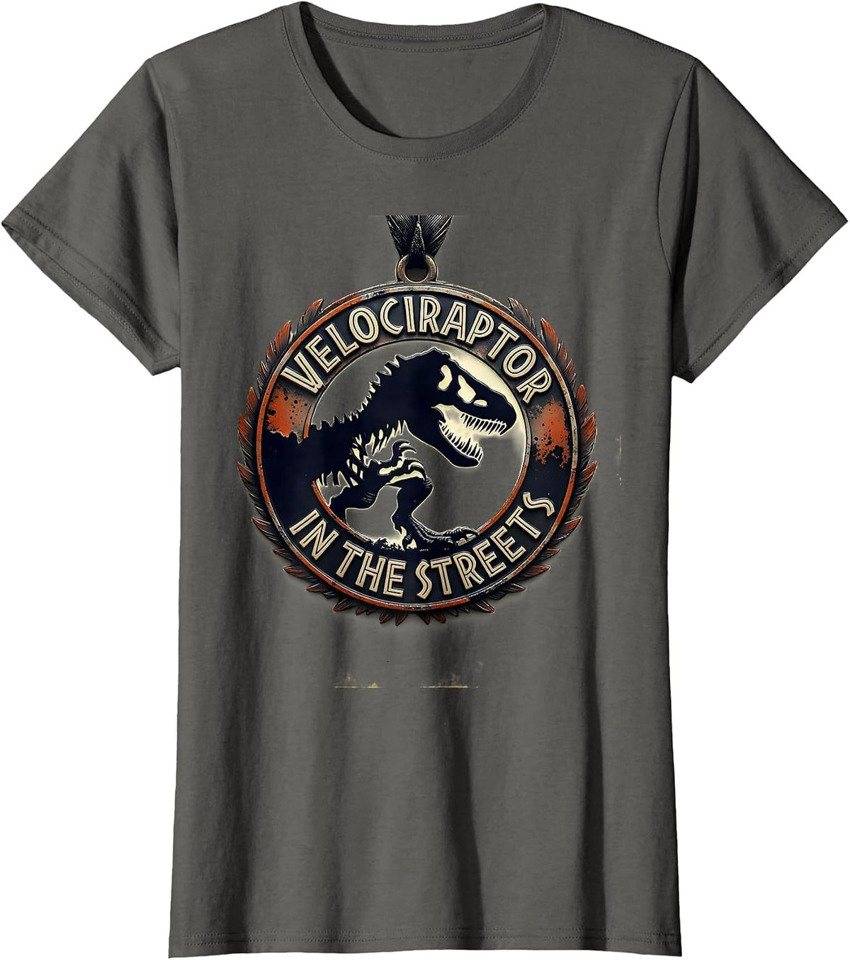 Women's Velociraptor In The Streets Dinosaur Design T-Shirt - Asphalt Grey