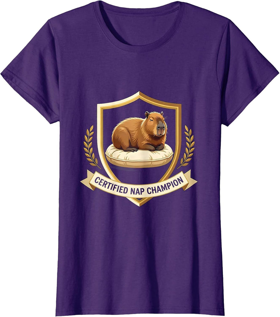 Women's Certified Nap Champion Cute Capybara Sleepy Humor T-Shirt - Purple