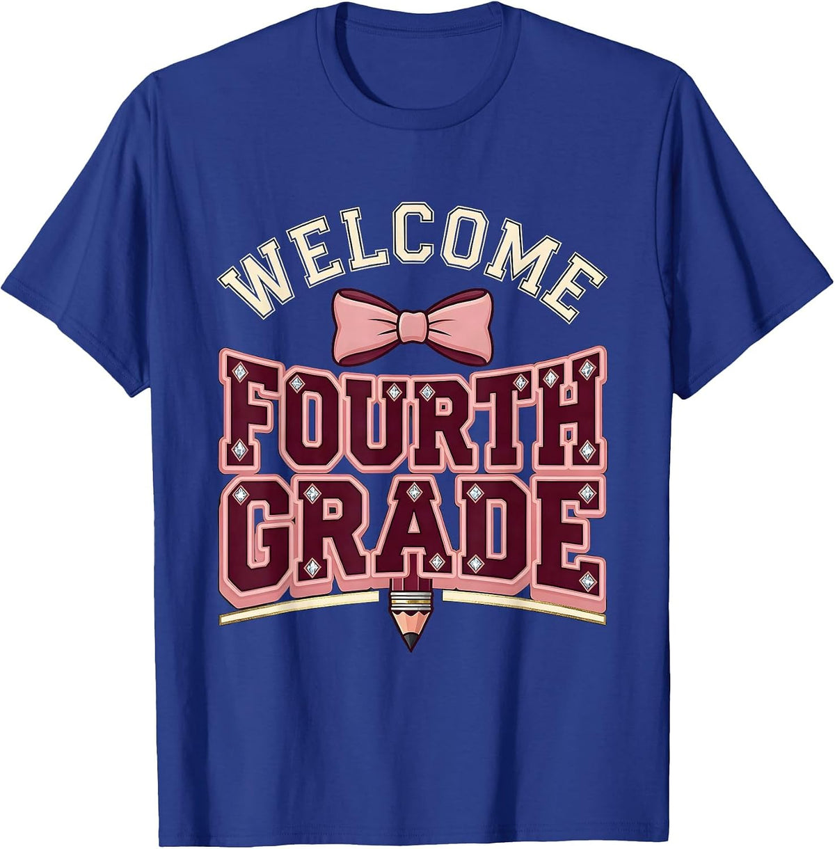 Welcome, Fourth Grade Sparkle Varsity Coquette Bow Back T-Shirt - Royal Blue