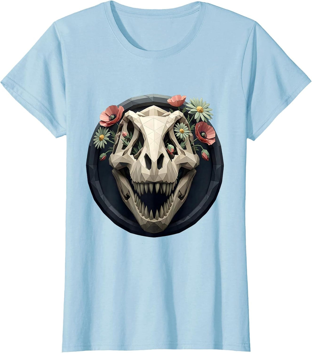T-Rex Skull Floral Dinosaur Gothic Art Design T-Shirt - Baby Blue