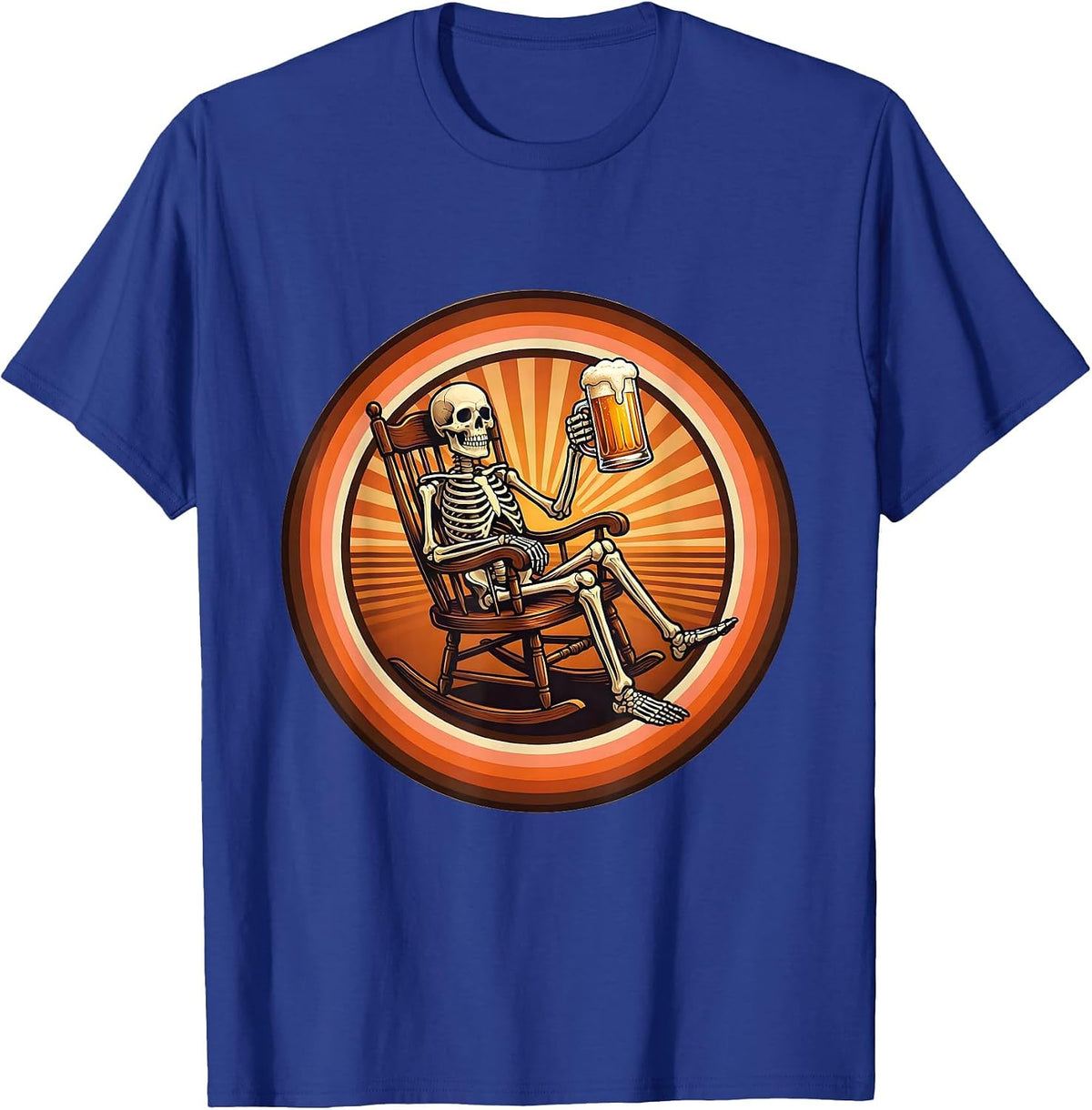 Skeleton Rocking Chair Beer Drinking Illustration T-Shirt - Royal Blue