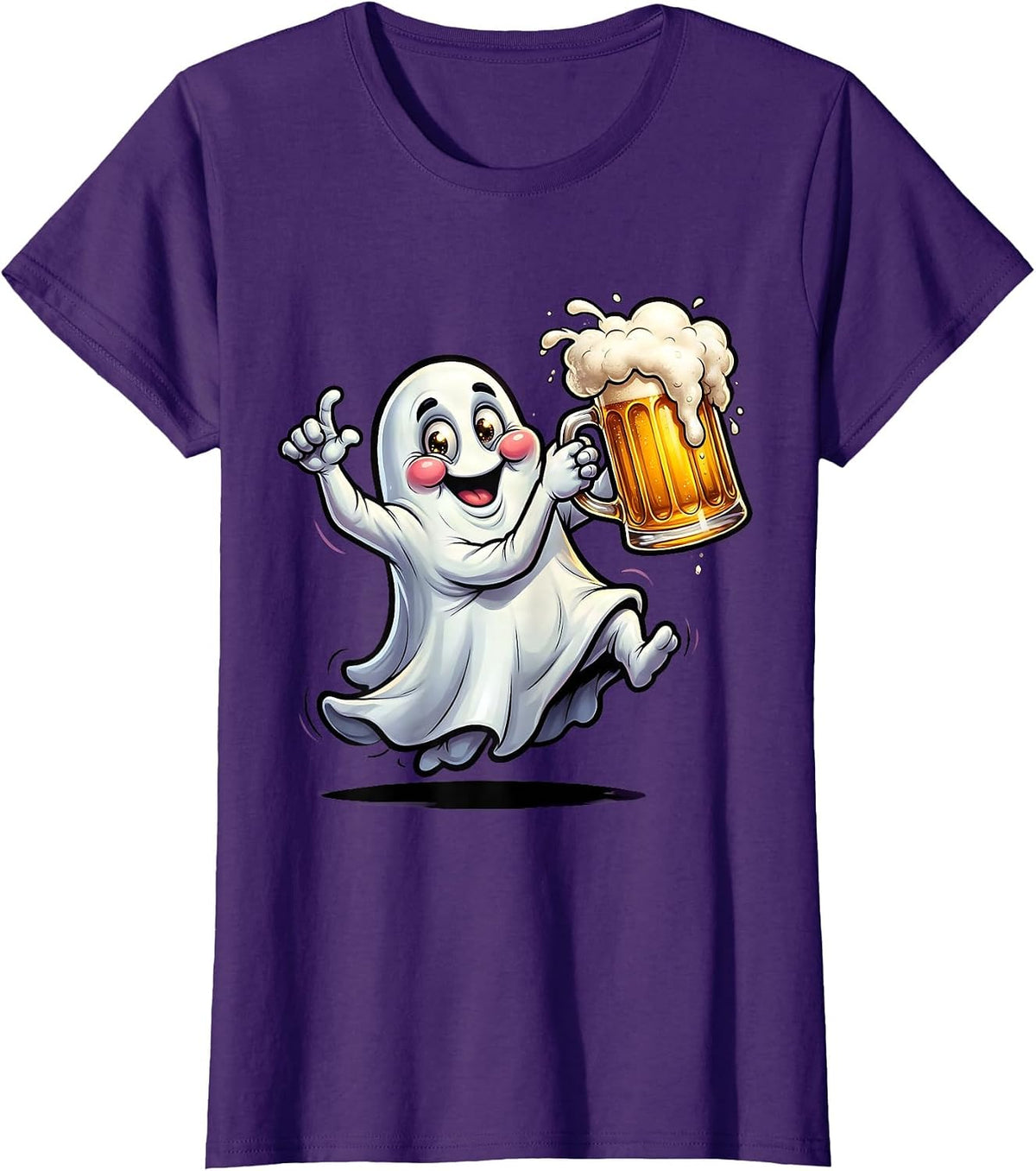 Women's Ghost Holding Frothy Beer Mug Illustration T-Shirt - Purple