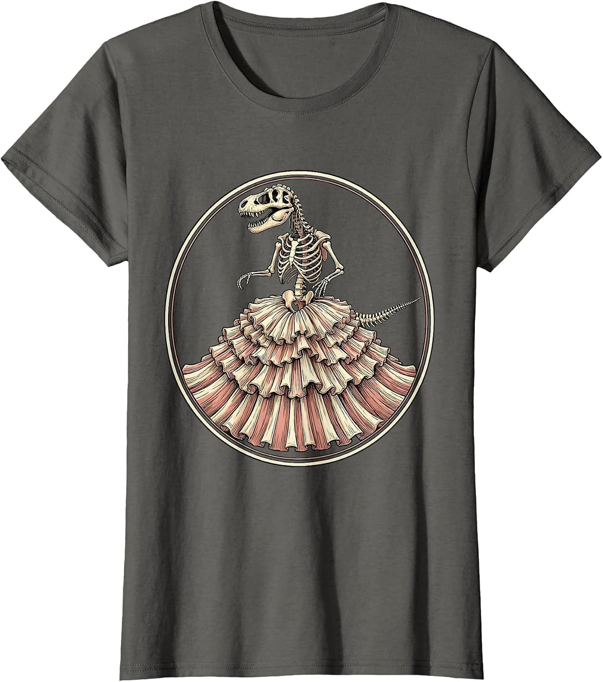 Women's Dinosaur Skeleton Ballgown Elegant Dino Art T-Shirt - Asphalt Grey