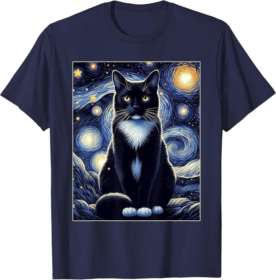 Tuxedo Cat Starry Night Shirt Van Gogh Painting Cat Lover T-Shirt - Navy Blue