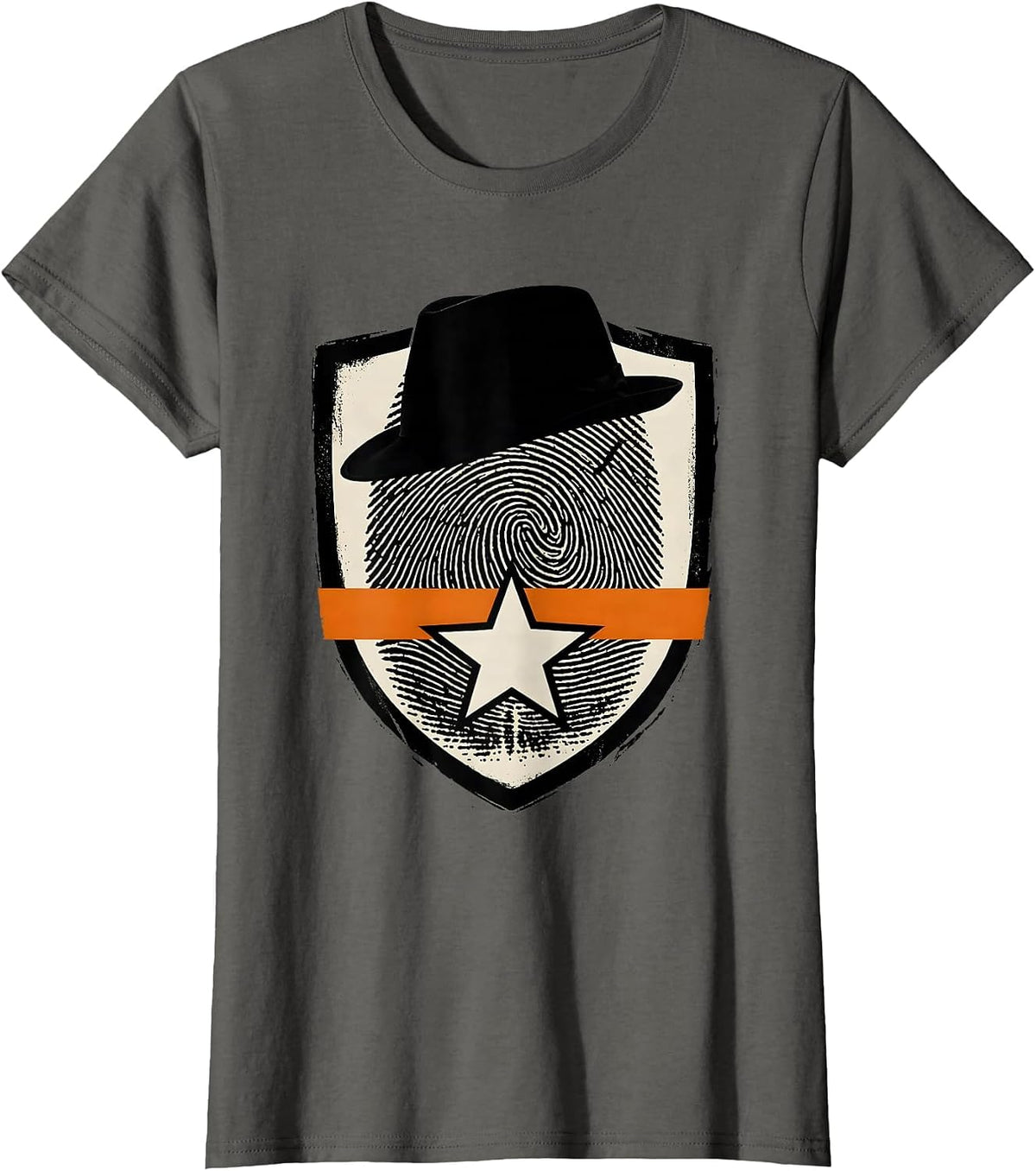 Women's Brutalist Shield Detective Fingerprint Halloween Costume T-Shirt - Asphalt Grey
