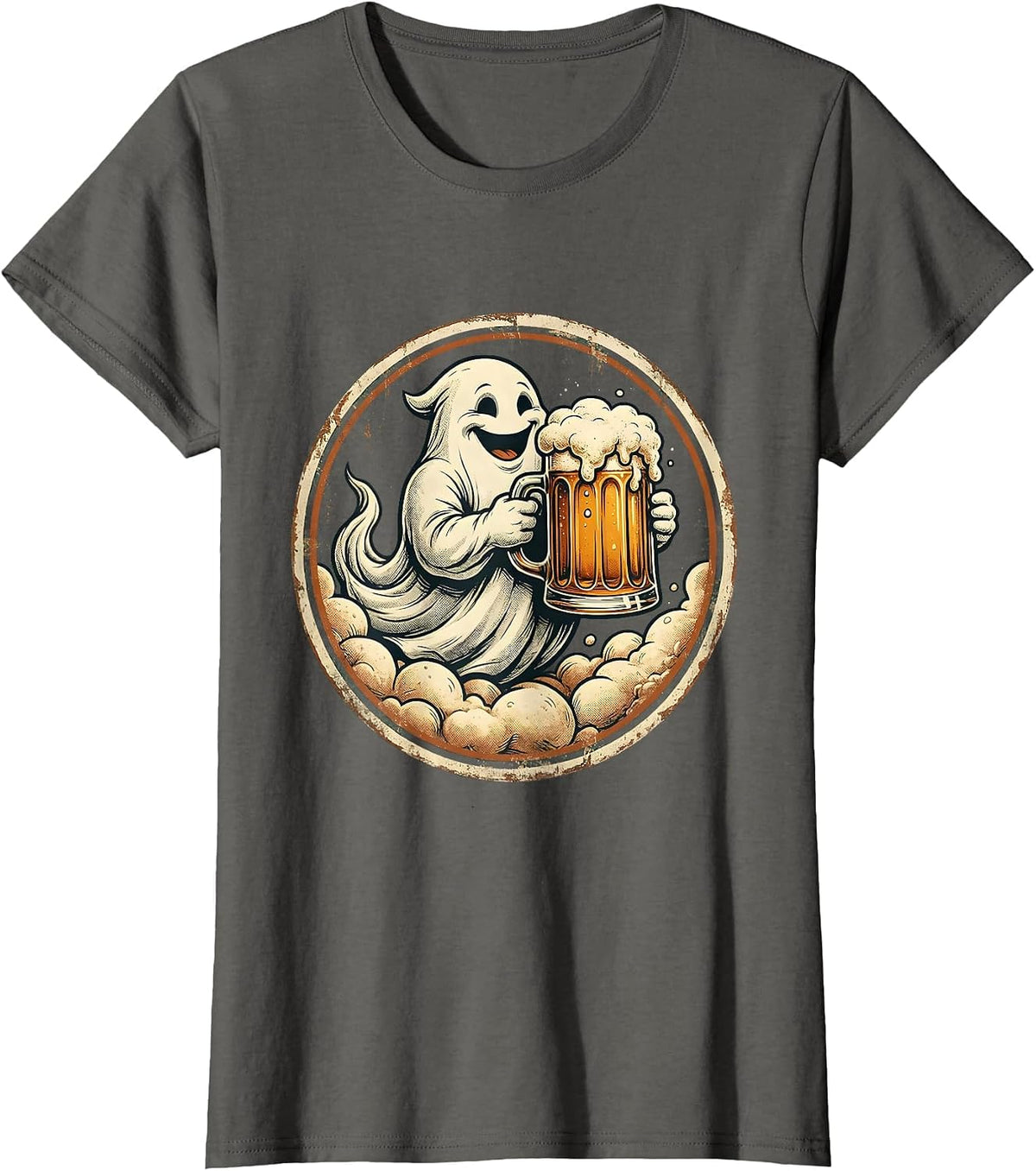 Women's Friendly Ghost Beer Mug Illustration T-Shirt - Asphalt Grey