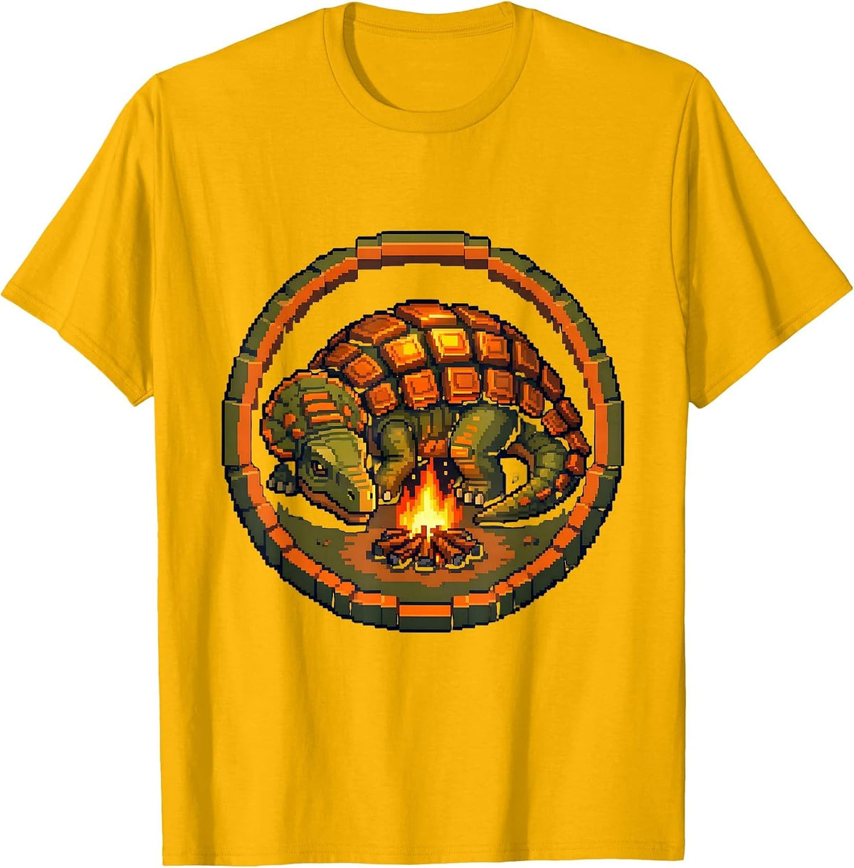 Ankylosaurus Campfire Glow Dinosaur Illustration T-Shirt - Golden Yellow