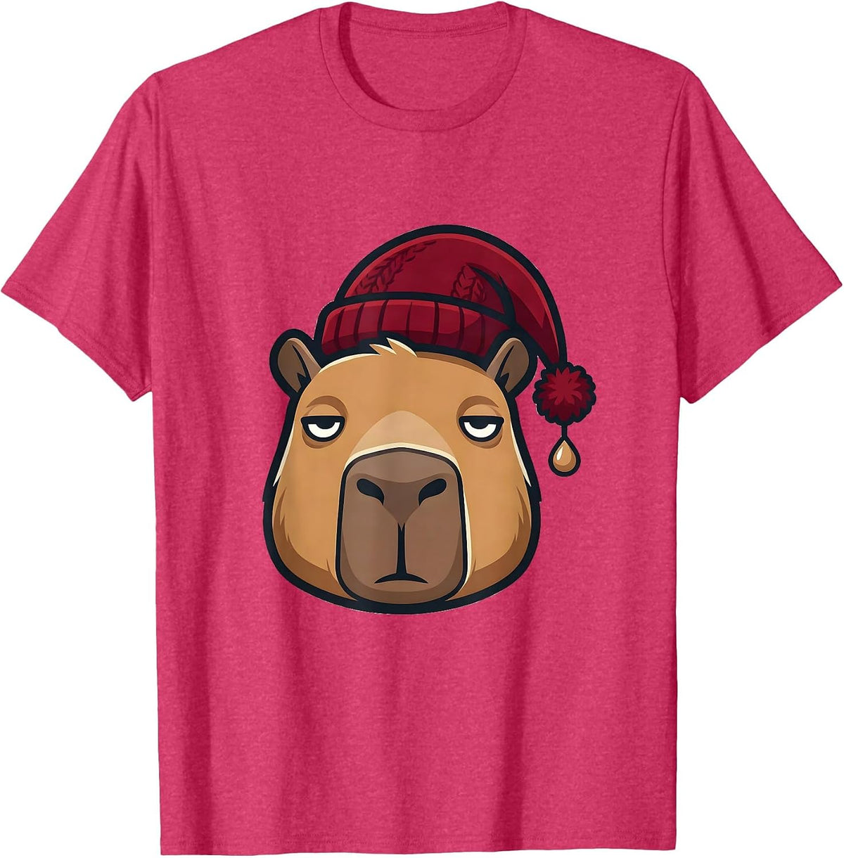 Capybara Nightcap Christmas Family Humor Animal Lover T-Shirt - Red Heather