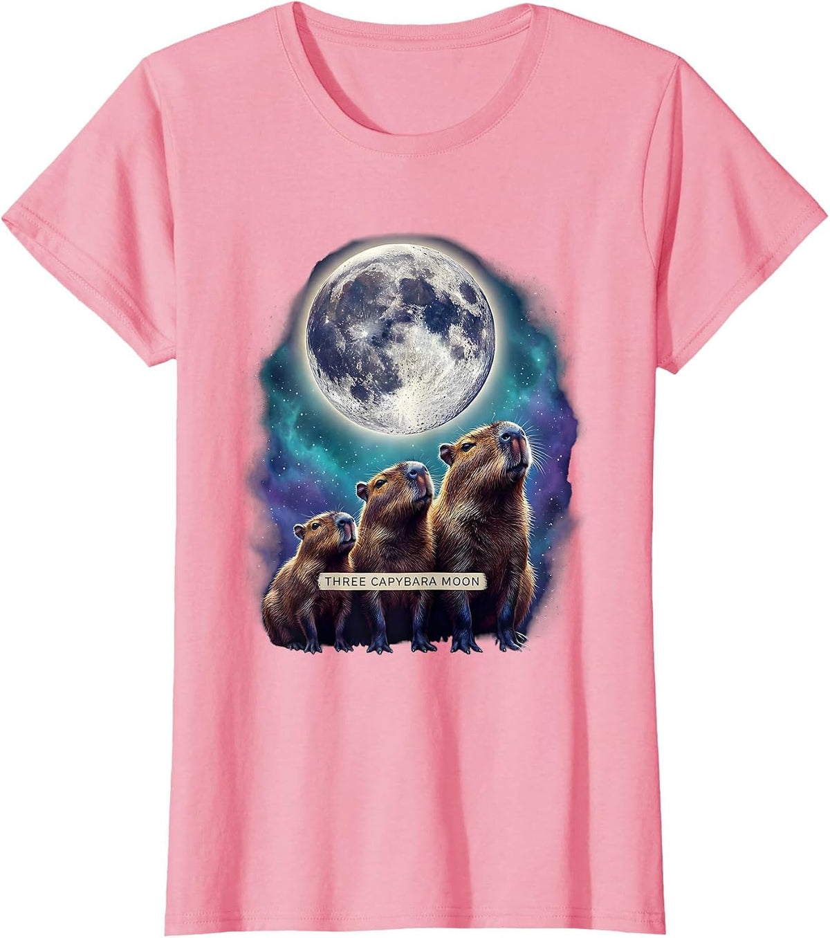 Women's Three Capybara Moon Cosmic Animal Parody Meme Humor T-Shirt - Pink