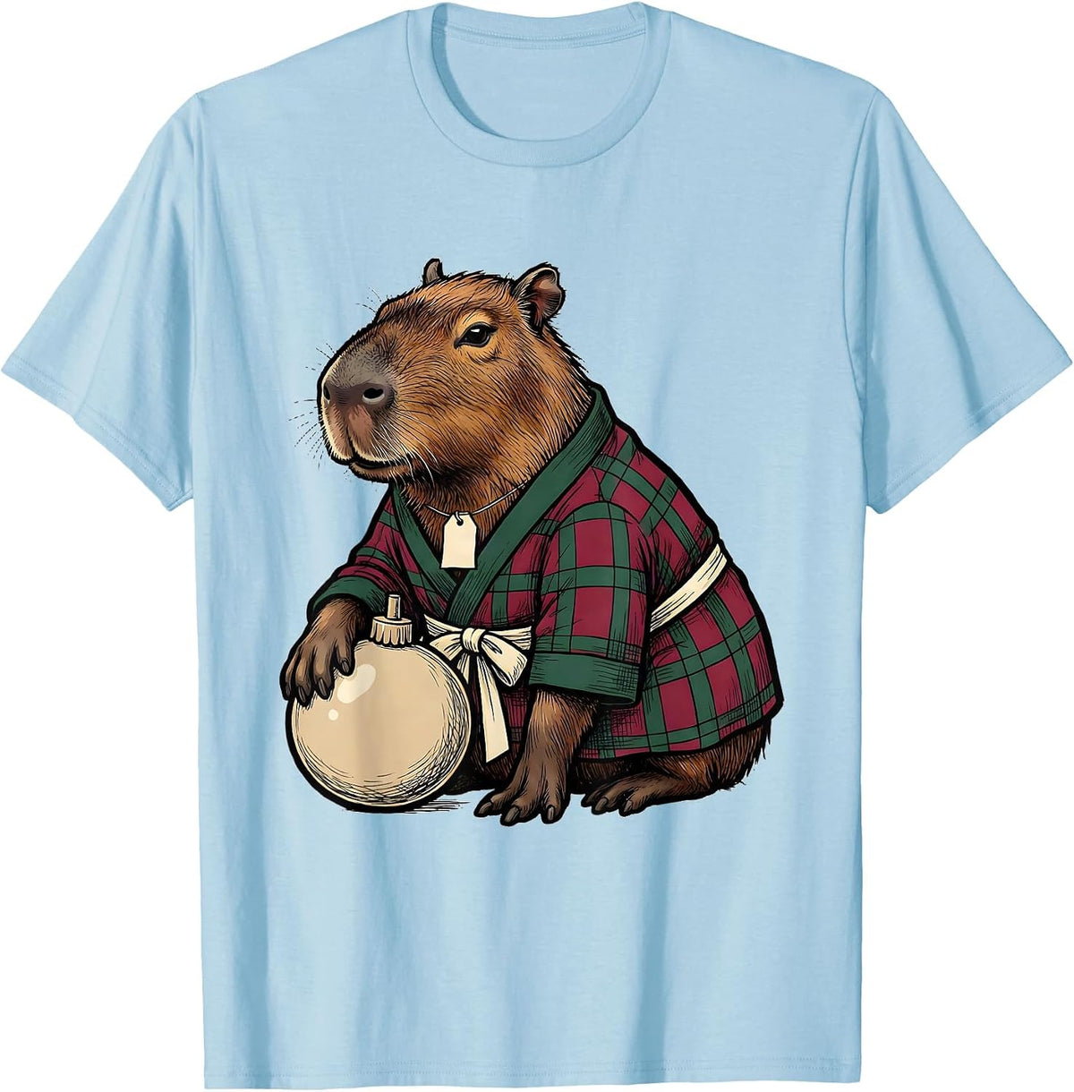 Men's Reclining Capybara Checked Robe Holiday Humor T-Shirt - Baby Blue