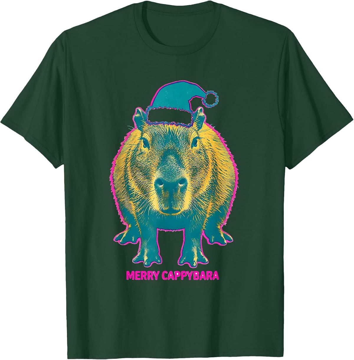 Merry Cappybara Risograph Cute Capybara Christmas Santa Hat T-Shirt - Dark Green